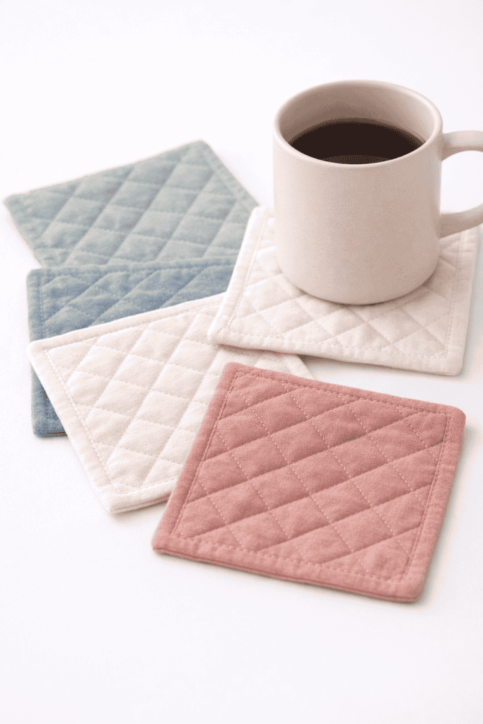 a handmade quilted mug rug or coaster set displayed on a crisp white seamless background