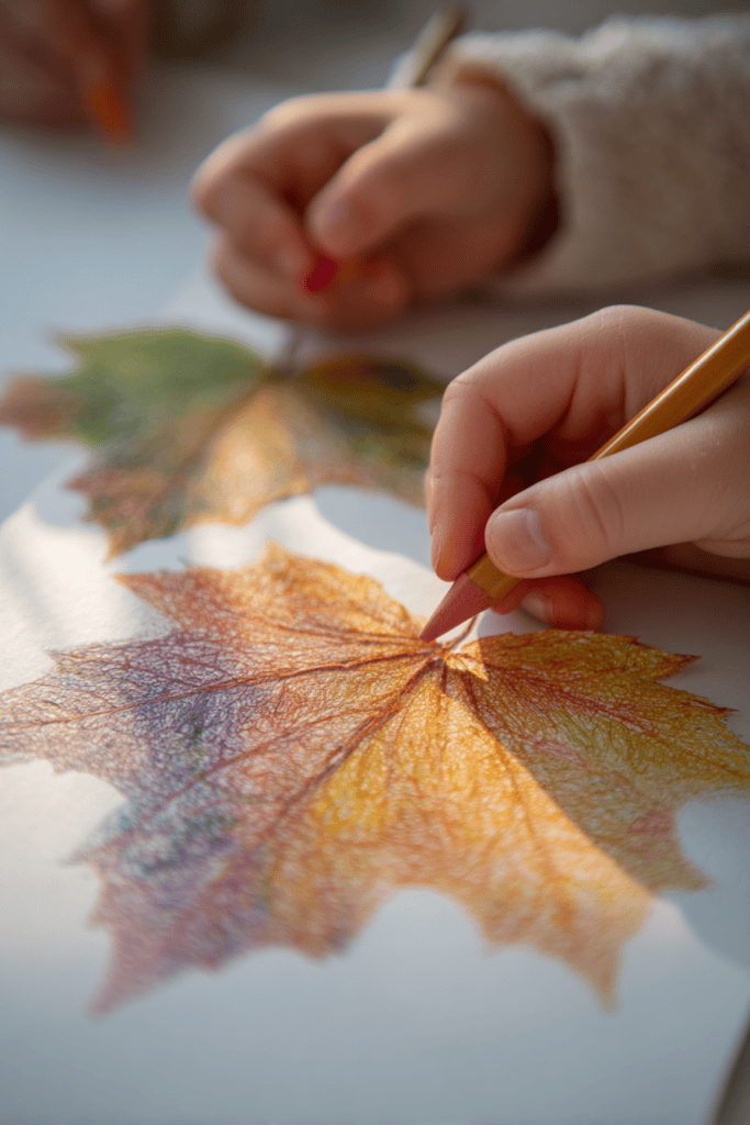 Children doing autumn leaf rubbings with crayons