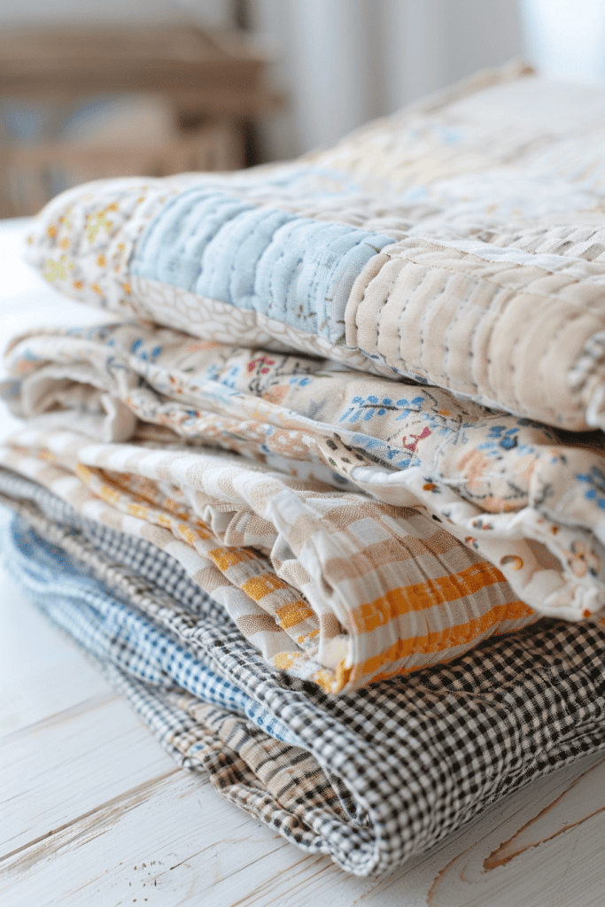 DIY handmade small blanket, patchwork linen and cotton fabrics