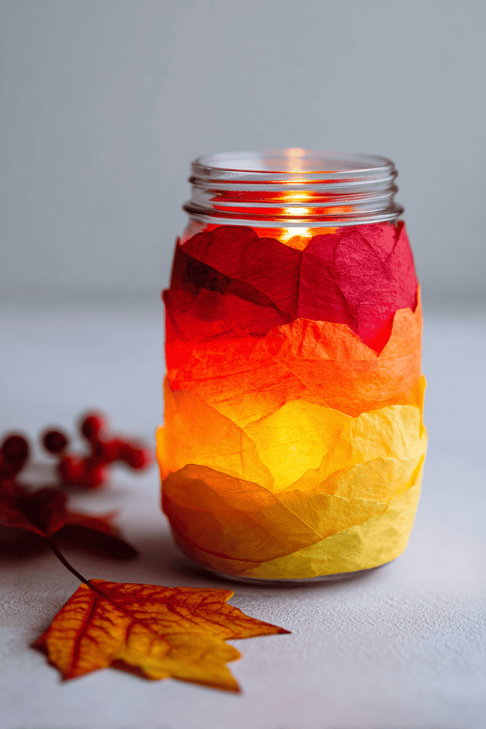 DIY mason jar lantern craft, glass jar covered with layered red, orange, and yellow tissue paper