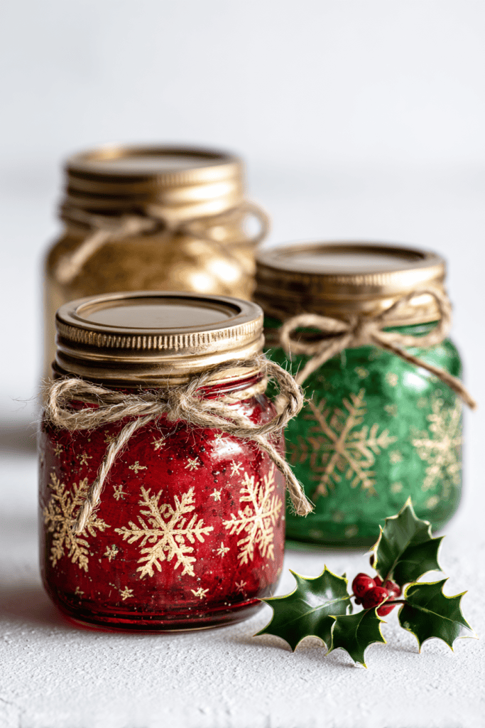 DIY painted mason jar craft, glass jars painted in festive red, green, and gold
