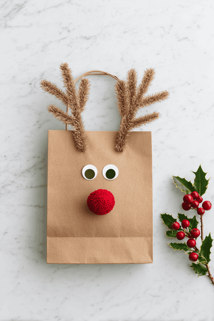 DIY paper bag reindeer puppet craft, brown paper bag with red pom-pom nose, googly eyes, and construction paper antlers