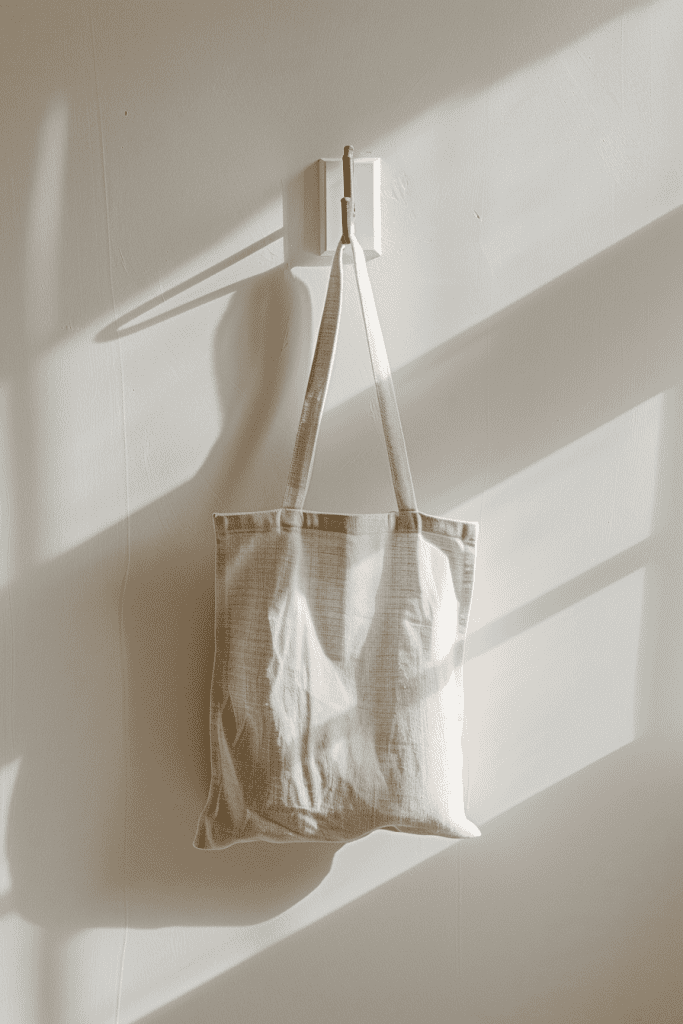 Minimal handmade linen tote bag hanging on a white wall hook