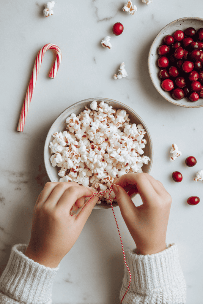 Child’s hands threading popcorn and cranberries with a needle and string