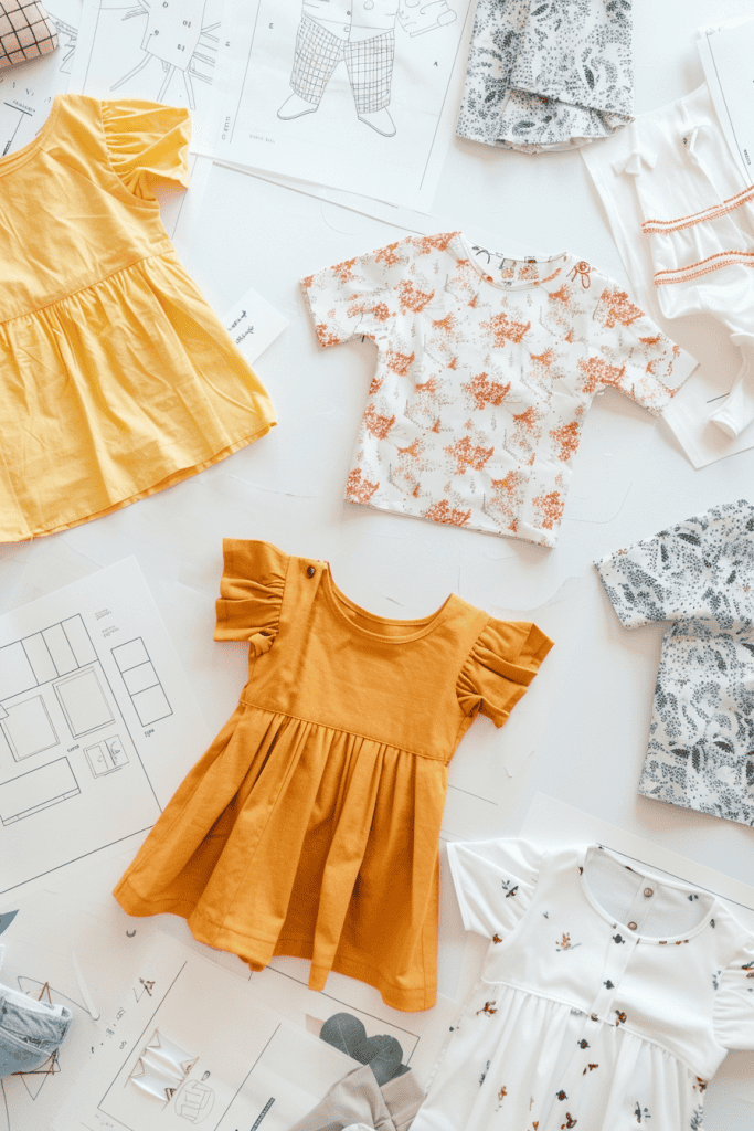 Sewing patterns for kids’ clothing, paper patterns with outlines of dresses, shirts, and pants for children