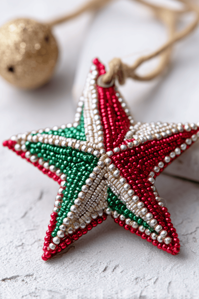 Close-up of a beaded ornament shaped like a star