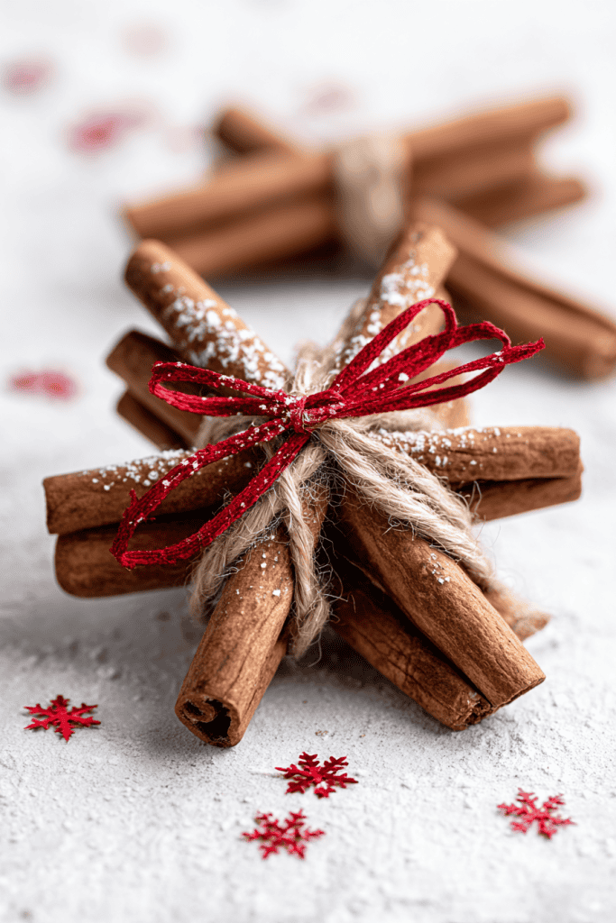Close-up of a cinnamon stick star ornament tied at the center with rustic twine