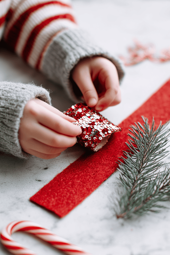 Child’s hands gluing sequins and ribbons onto felt napkin ring, red felt strip on table