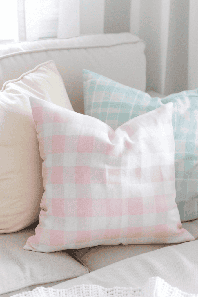 handmade envelope pillow covers in soft pastel gingham fabric