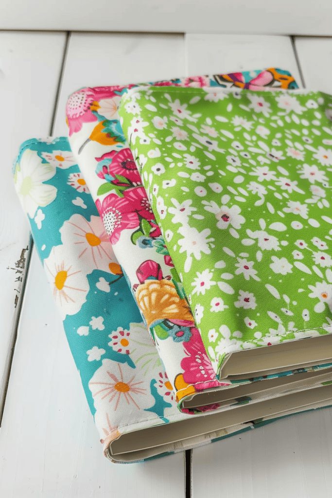 handmade fabric book sleeves, colorful cotton patterns with floral and geometric prints