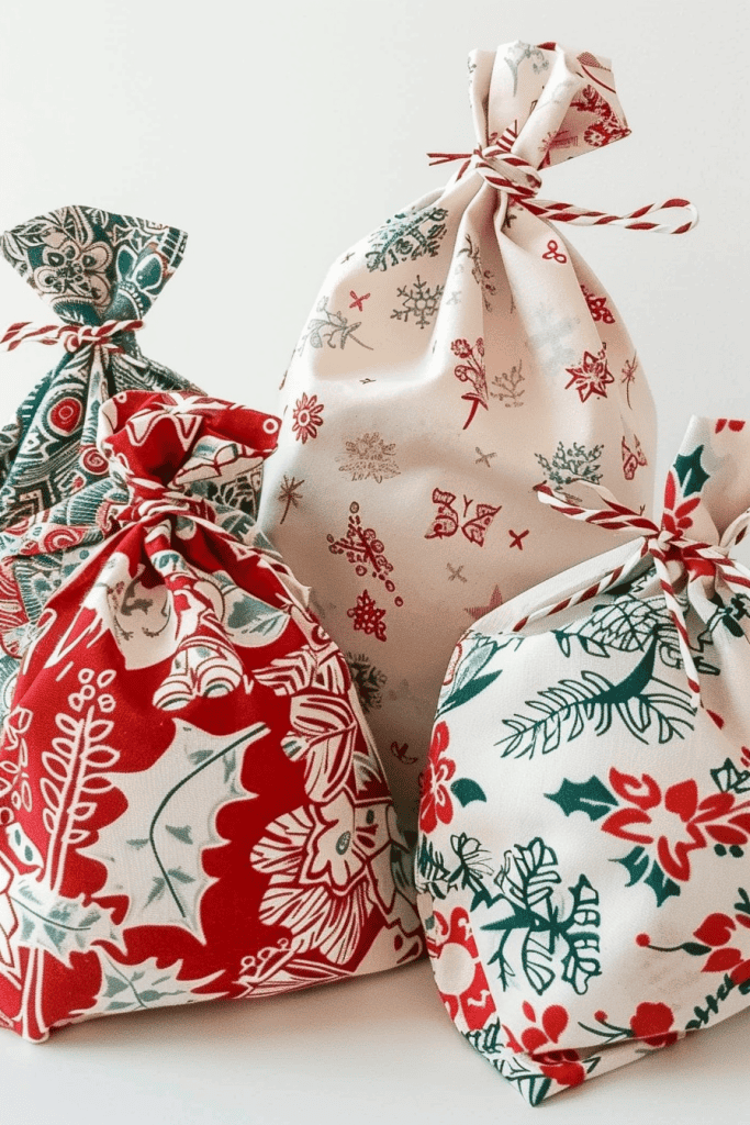 handmade fabric gift bags, sewn from cotton fabrics with festive patterns
