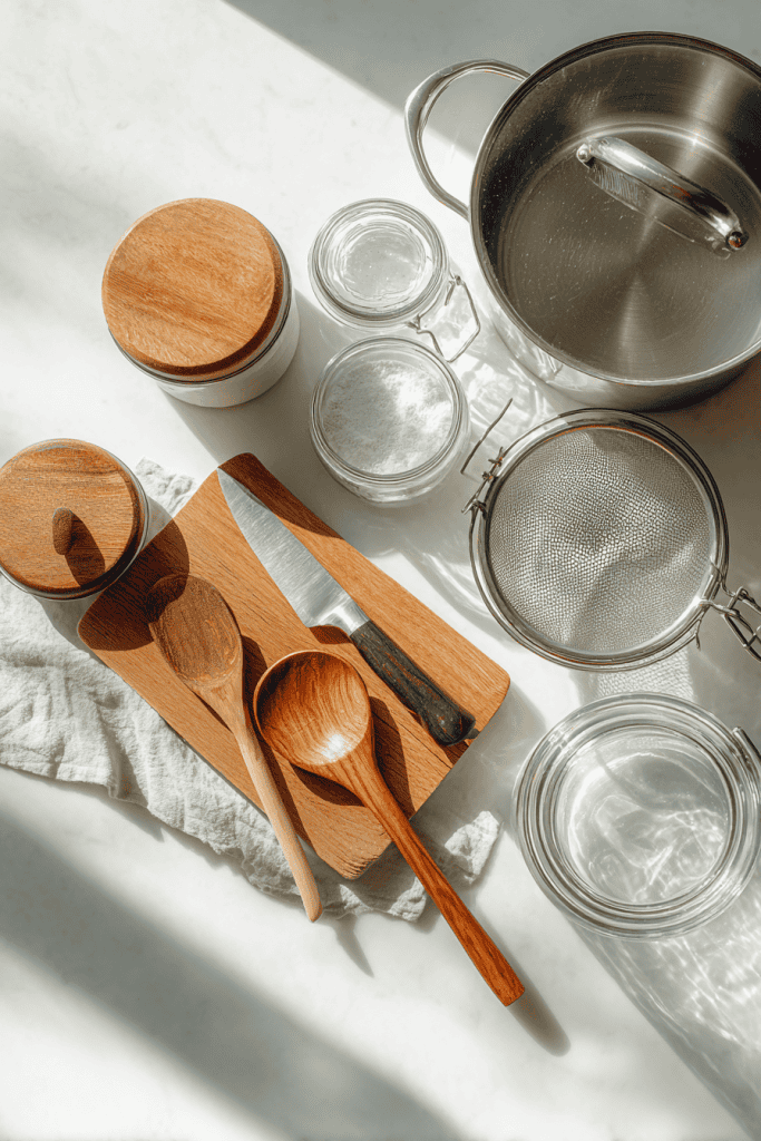 top-down flat lay of essential kitchen tools on a bright white countertop