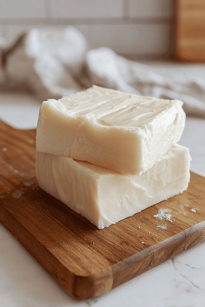 two blocks of solid rendered beef tallow on a wooden cutting board