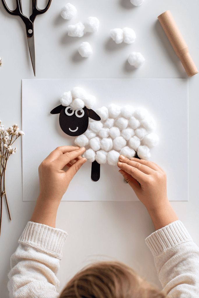 Child’s hands gluing cotton balls onto sheep outline