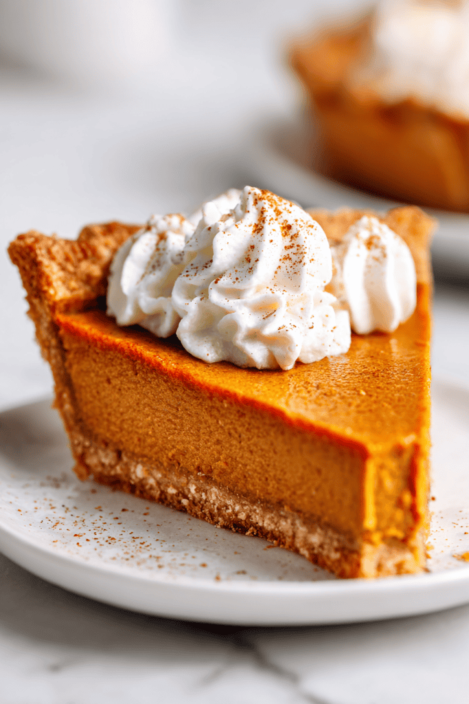 Close-up of healthy pumpkin pie slice showing creamy spiced filling and golden freshly milled flour crust