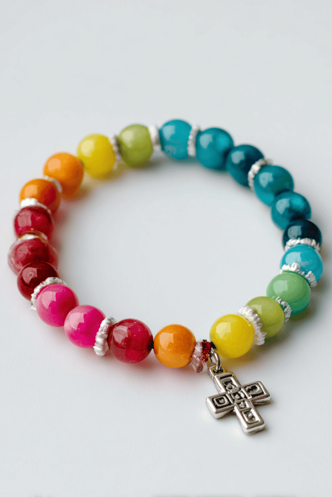 DIY Fruit of the Spirit bracelet craft, colorful round beads strung on elastic