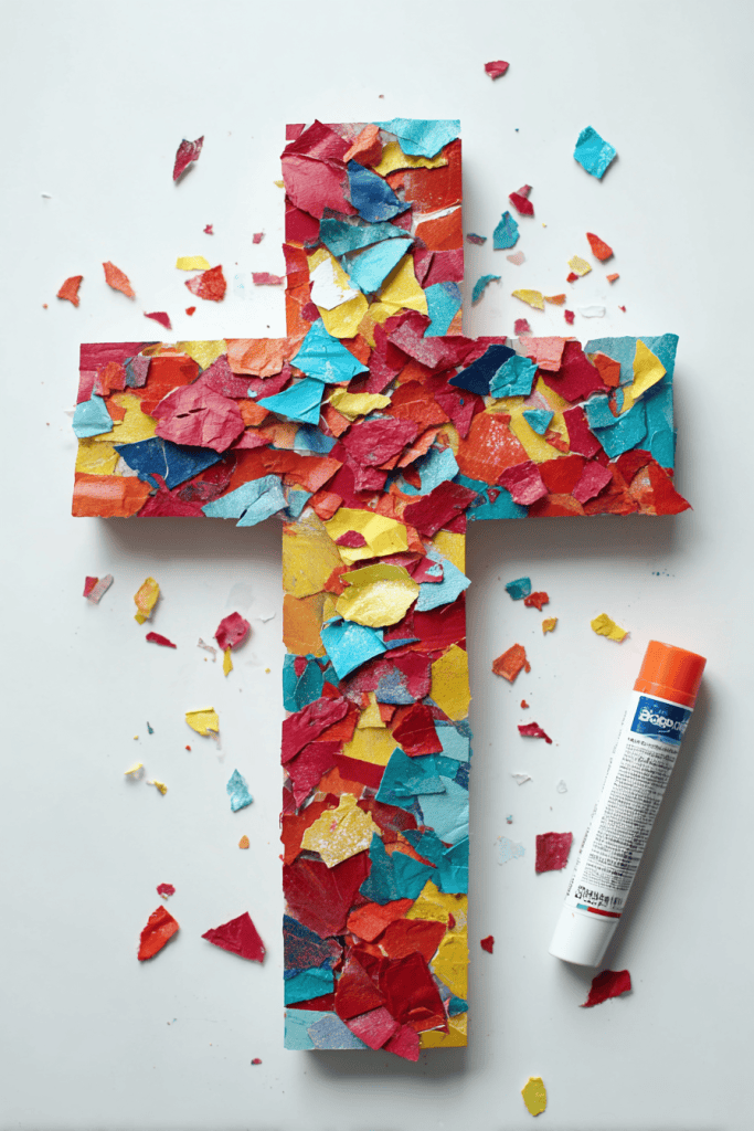 DIY paper cross mosaic craft, large cross shape filled with colorful torn paper pieces