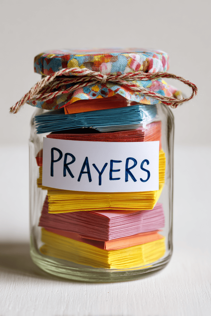 DIY prayer jar craft, mason jar decorated with colorful paper label reading Prayers,