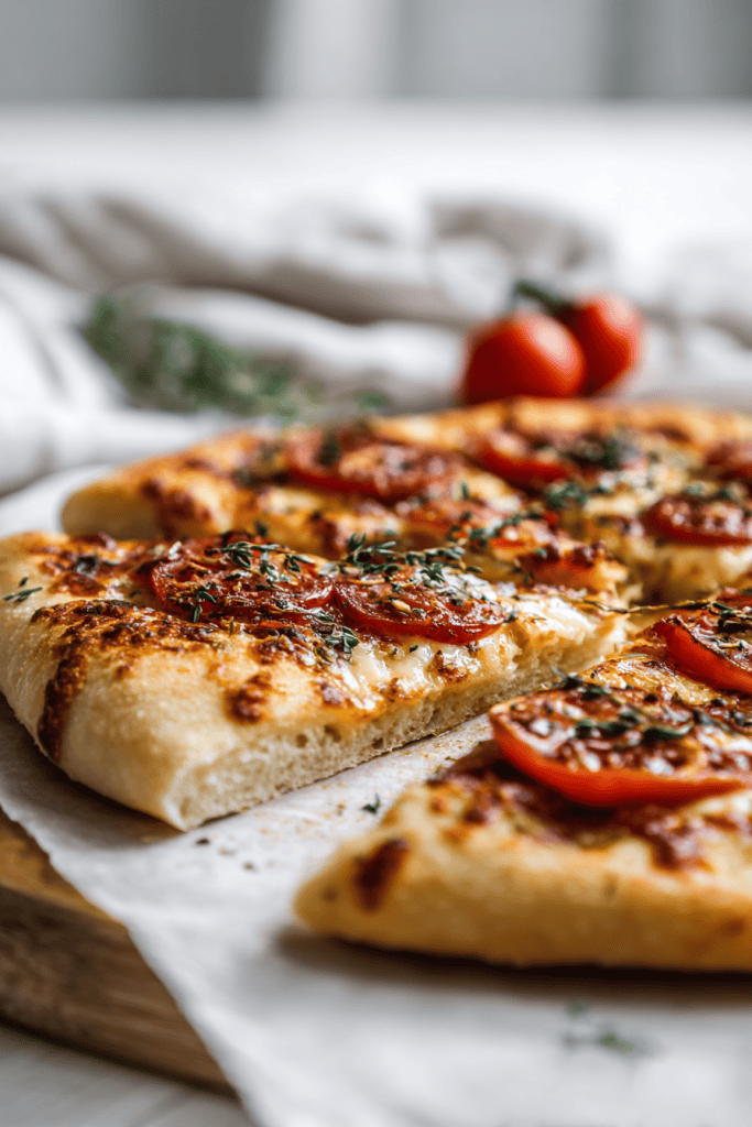Freshly baked pizza cut into slices, rustic golden crust