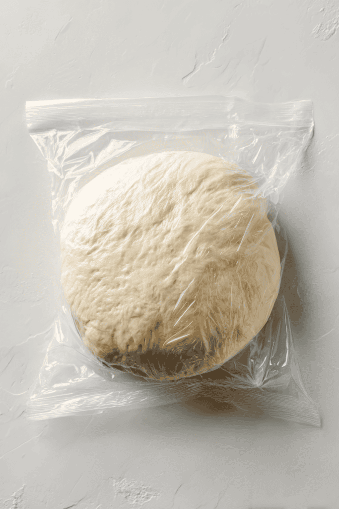 Freshly kneaded pizza dough placed inside resealable bag