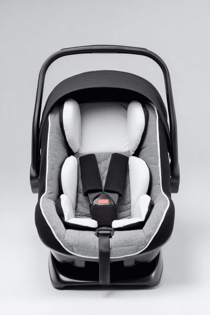 Infant car seat in simple black and gray tones