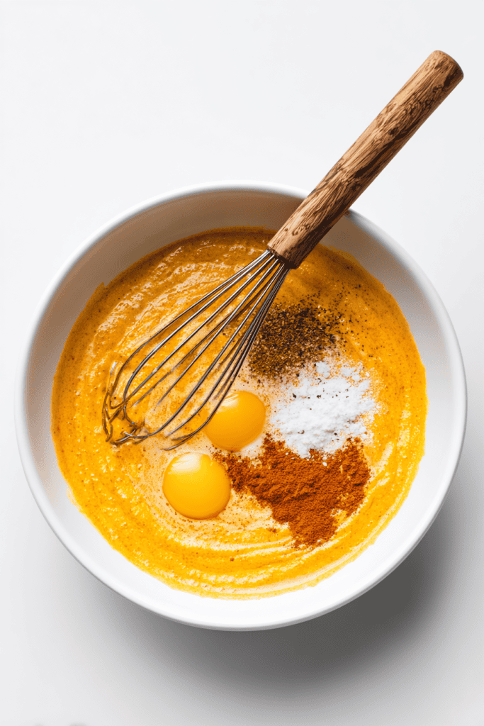 Large white mixing bowl with pumpkin puree, eggs, milk, and spices being whisked together
