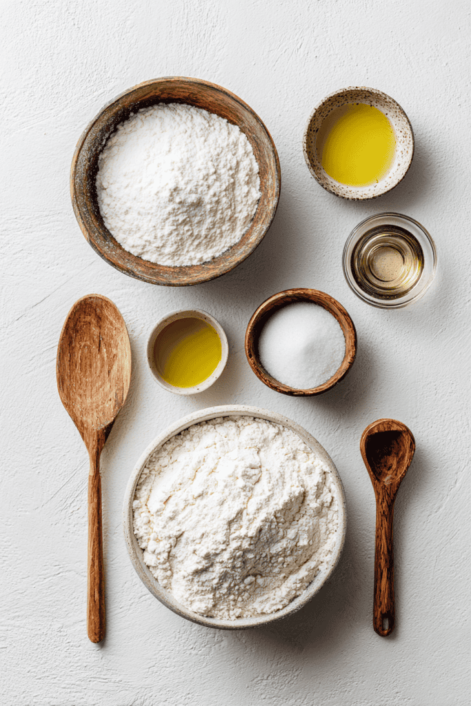 Minimalist pizza dough ingredient flat lay, bowls of freshly milled flour, warm water, instant yeast, olive oil, and salt, neatly arranged with wooden spoon
