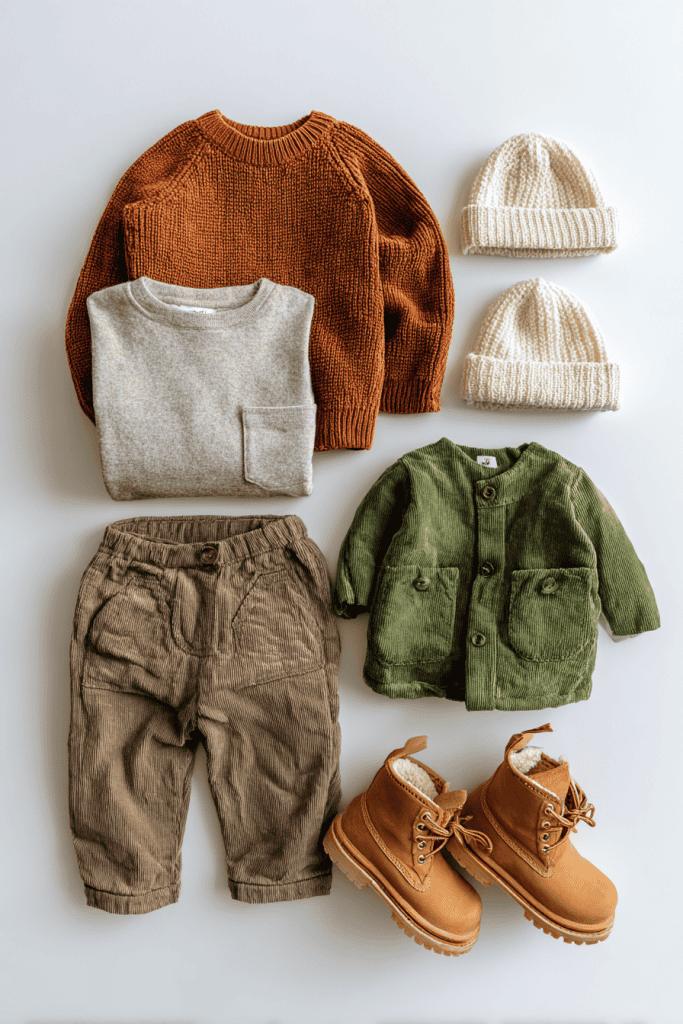 Minimalist toddler capsule wardrobe flat lay, toddler outfits in muted fall and winter shades, rust sweater, olive corduroy pants, cream knit hat, tan boots