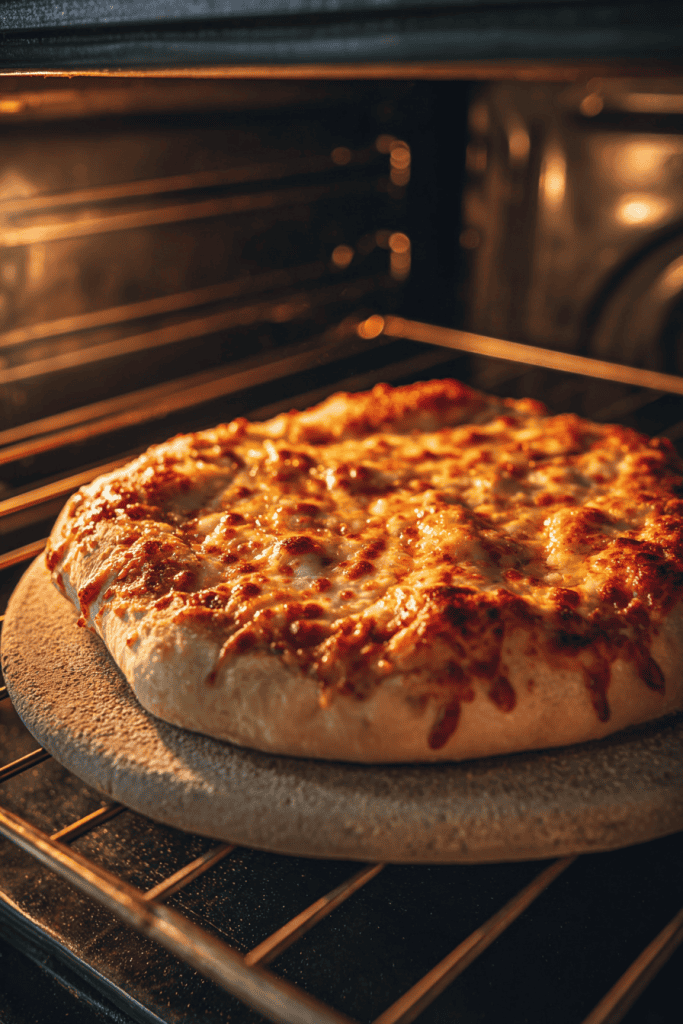Pizza baking directly on rustic pizza stone inside oven
