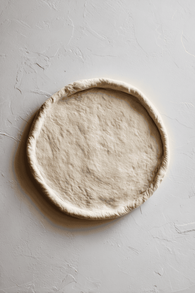 Pizza dough stretched into perfect round base, edges slightly thicker for crust