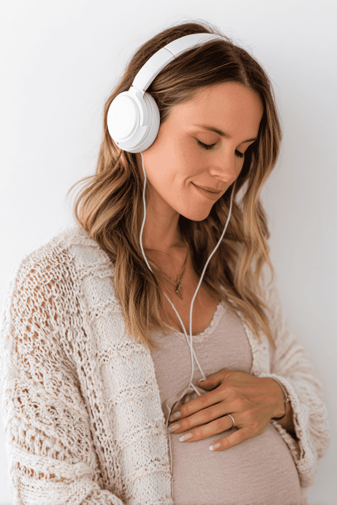 Pregnant woman listening to soft music with headphones, one hand on belly