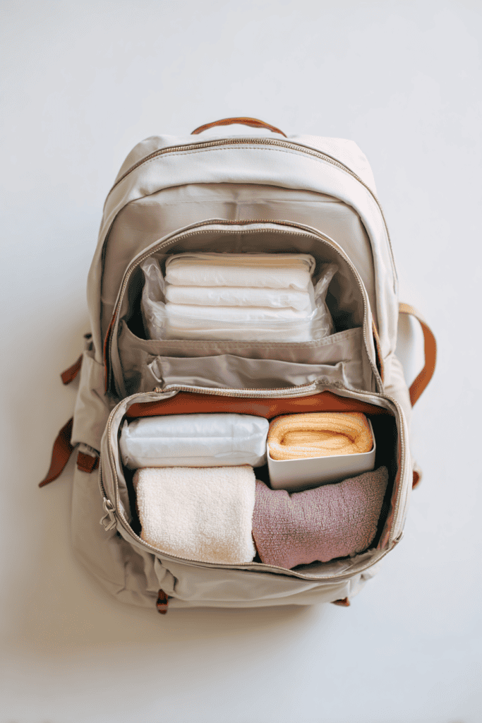 Simple backpack used as a diaper bag, opened to show organized compartments with wipes, diapers, and small blanket, clean bright white background