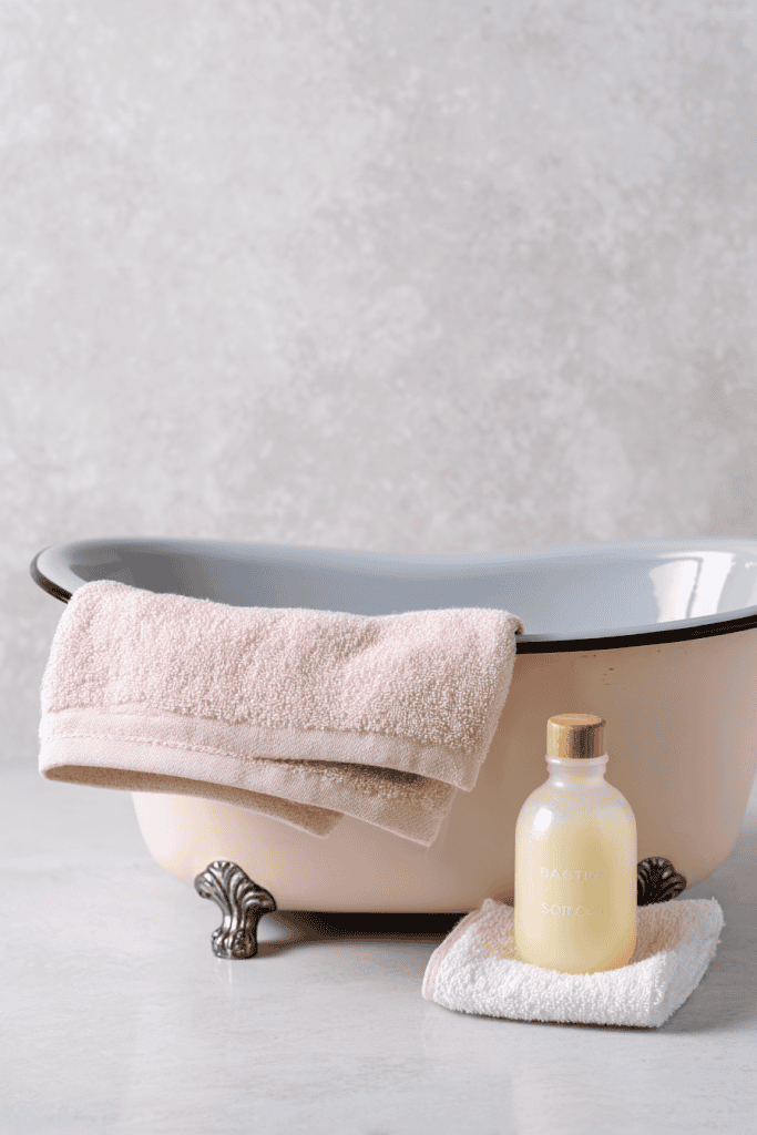 Small infant bath tub with folded washcloth draped over edge and baby soap bottle placed beside