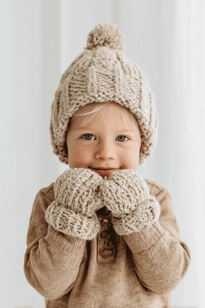 Toddler model wearing knit beanie hat and warm mittens