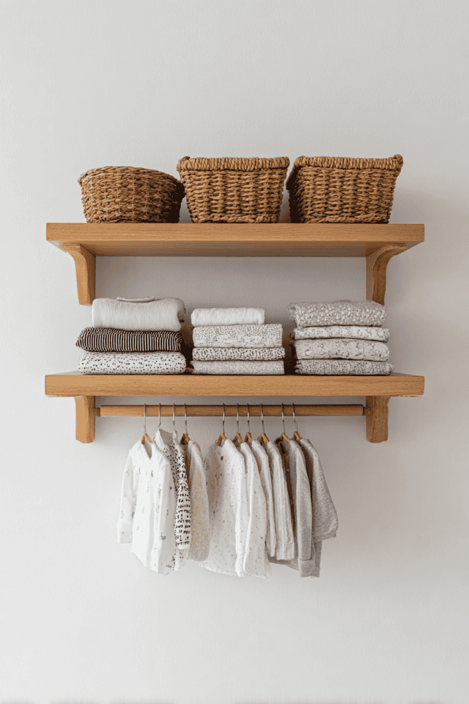Toddler wardrobe organization system, low wooden shelf with neatly folded toddler clothes
