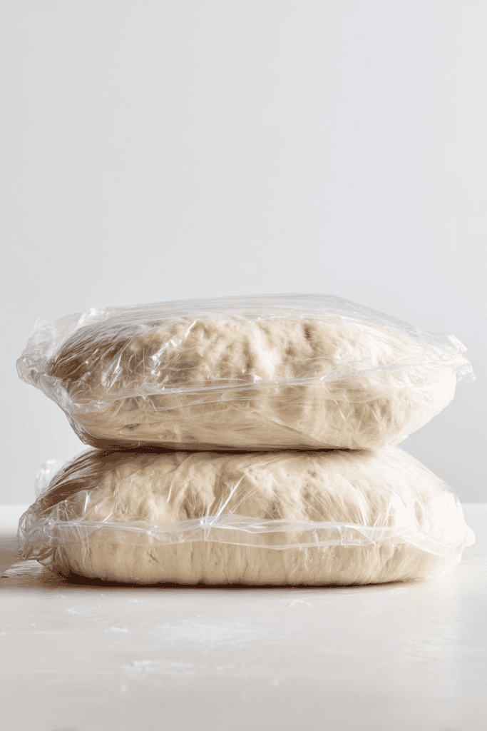 Two sealed freezer bags each holding a portion of pizza dough