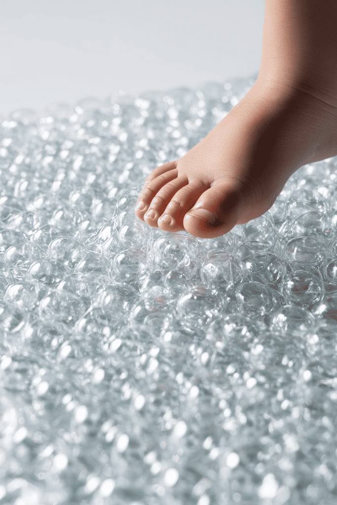 Close-up of bubble wrap surface with toddler foot pressing down, crisp detail of bubbles stretching and popping