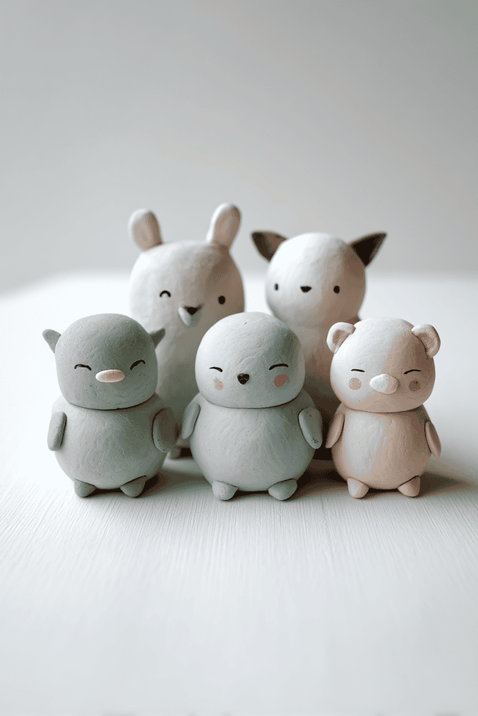 Hand-sculpted clay figures in soft pastel tones (sage green, sky blue, blush pink), shaped as small friendly animals