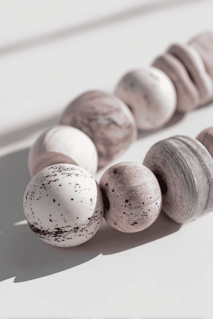Set of clay beads in marbled design, blending soft blush pink and pale gray, smooth cylindrical and spherical shapes
