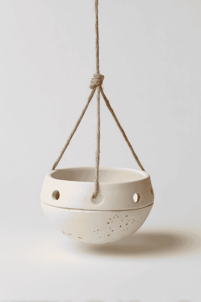 Handmade clay bird feeder, shallow round bowl with three evenly spaced holes at rim