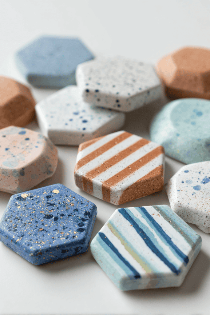 Set of handmade clay magnets with assorted designs: speckled white circles, marbled sky blue hexagons