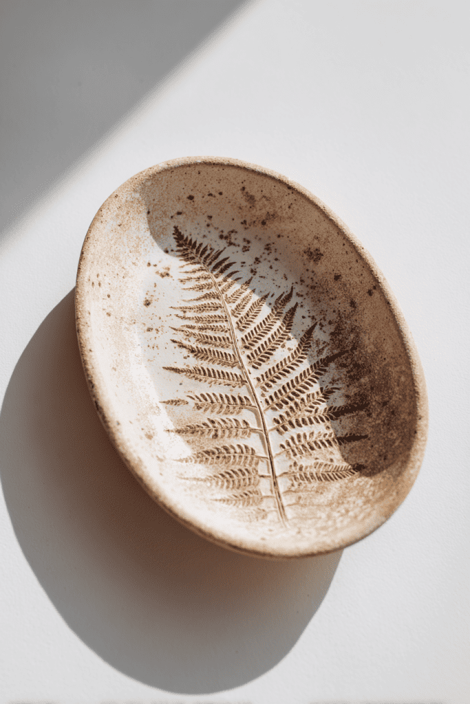 Clay spoon rest with delicate fern leaf imprint, oval shape with shallow ridge, natural matte finish, neutral beige color
