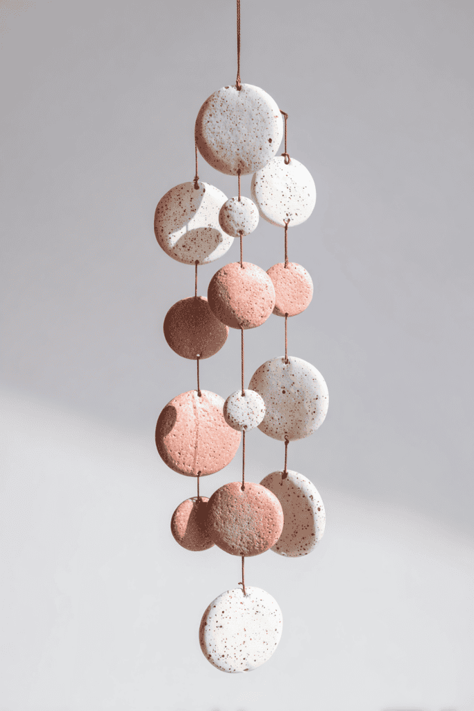 Clay wall hanging mobile with multiple oval and round clay discs, speckled white and soft blush pink tones
