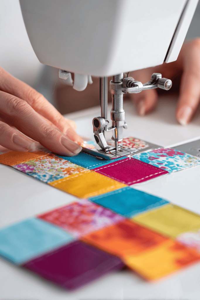Beginner’s hands guiding colorful fabric squares under sewing machine foot