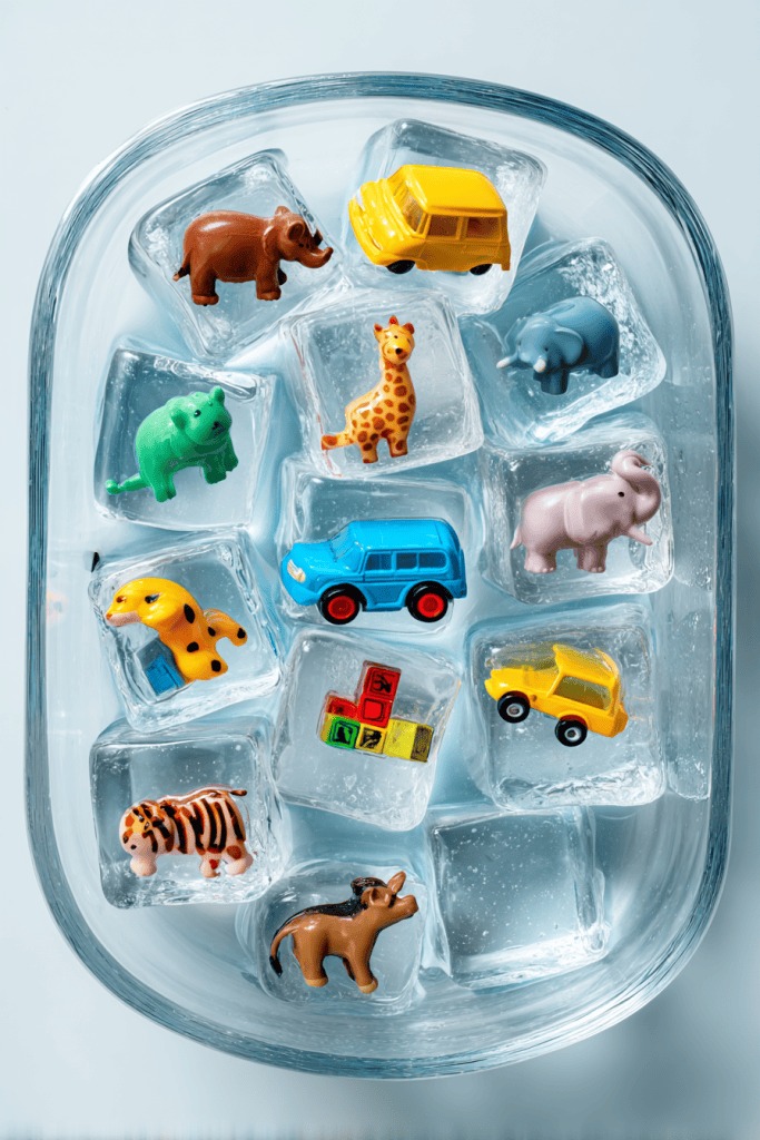 Frozen toy rescue activity, clear ice cubes with small colorful plastic toys inside (animals, cars, blocks)