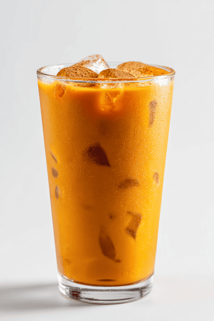 Transparent glass filled with iced pumpkin spice latte, golden-orange color, ice cubes visible, light foam and cinnamon dust on top