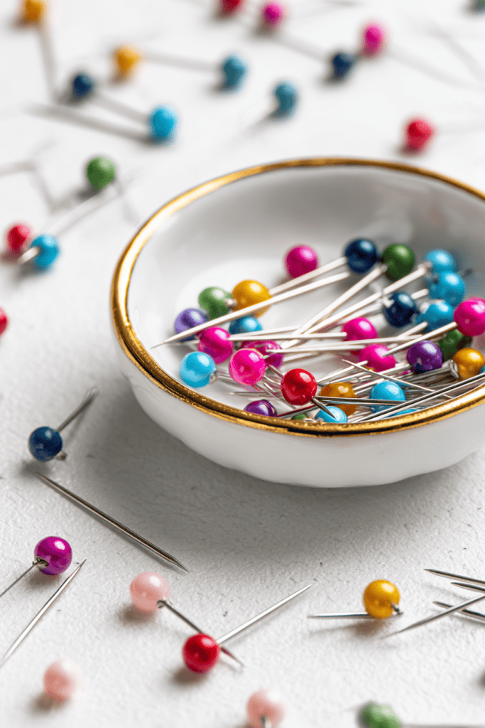 Close-up of magnetic pin dish attracting scattered colorful sewing pins