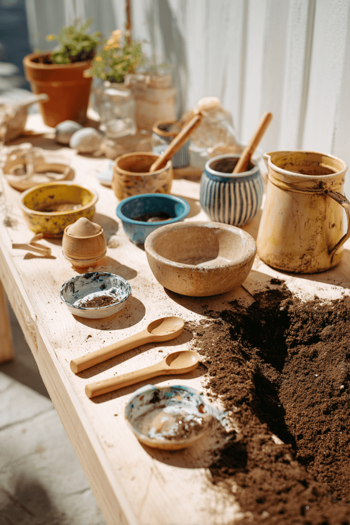 Mud kitchen sensory setup, wooden spoons, small pots, bowls, and water jug placed beside a shallow soil area