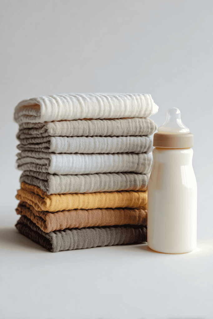 Stack of muslin burp cloths in soft neutral colors, with a single baby bottle and formula canister placed nearby