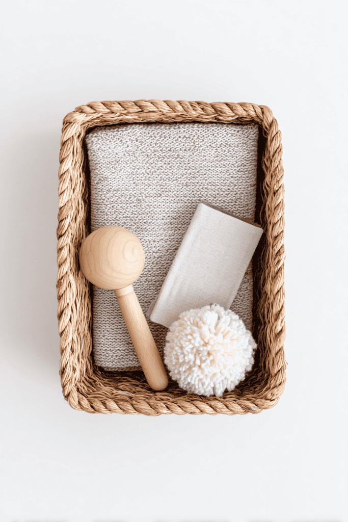 Minimalist newborn play essentials, small wicker basket with two or three items